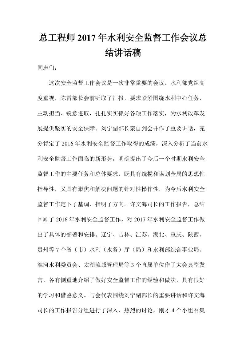 总工程师水利安全监督工作会议总结讲话稿.doc_第1页