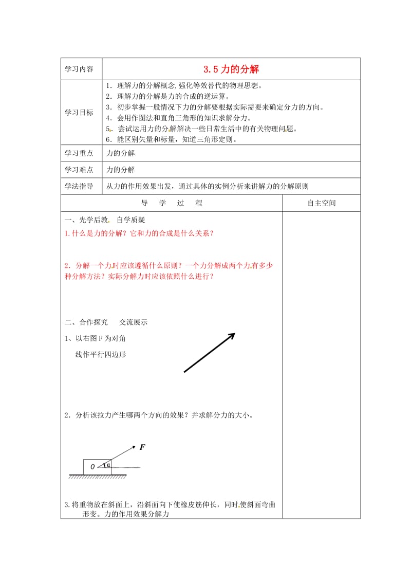 江苏省连云港市田家炳中学高中物理 力的分解学案 新人教版必修.doc_第1页