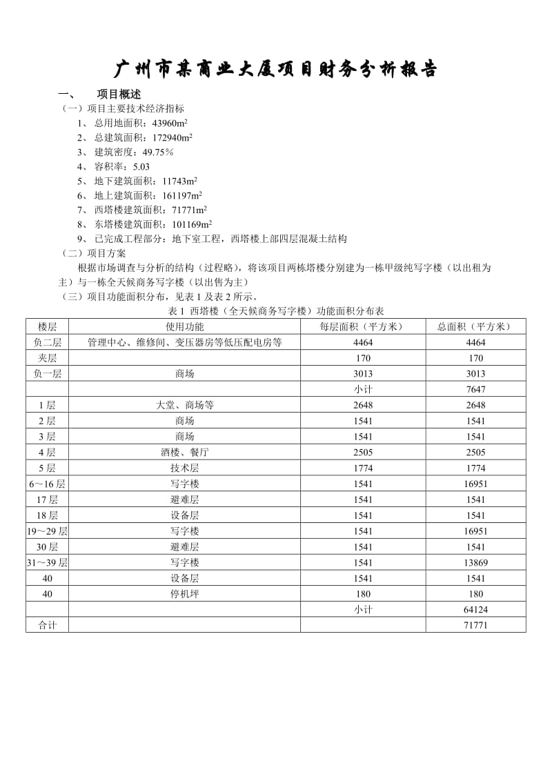 广州市某商业大厦项目财务分析报告.doc_第1页