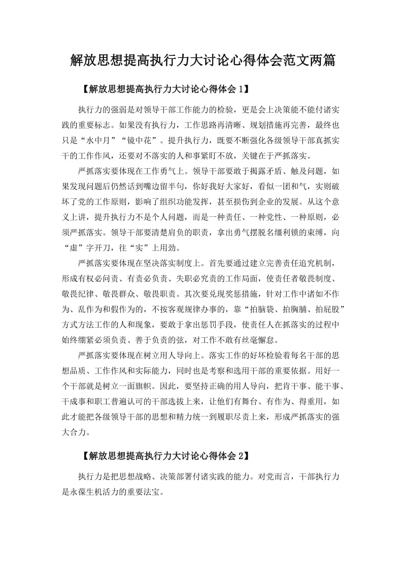 解放思想提高执行力大讨论心得体会范文两篇.docx_第1页