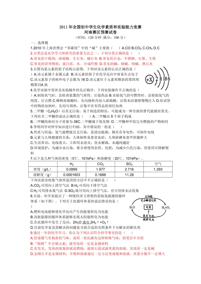 全国初中学生化学素质和实验能力竞赛河南赛区预赛试题.doc_第1页