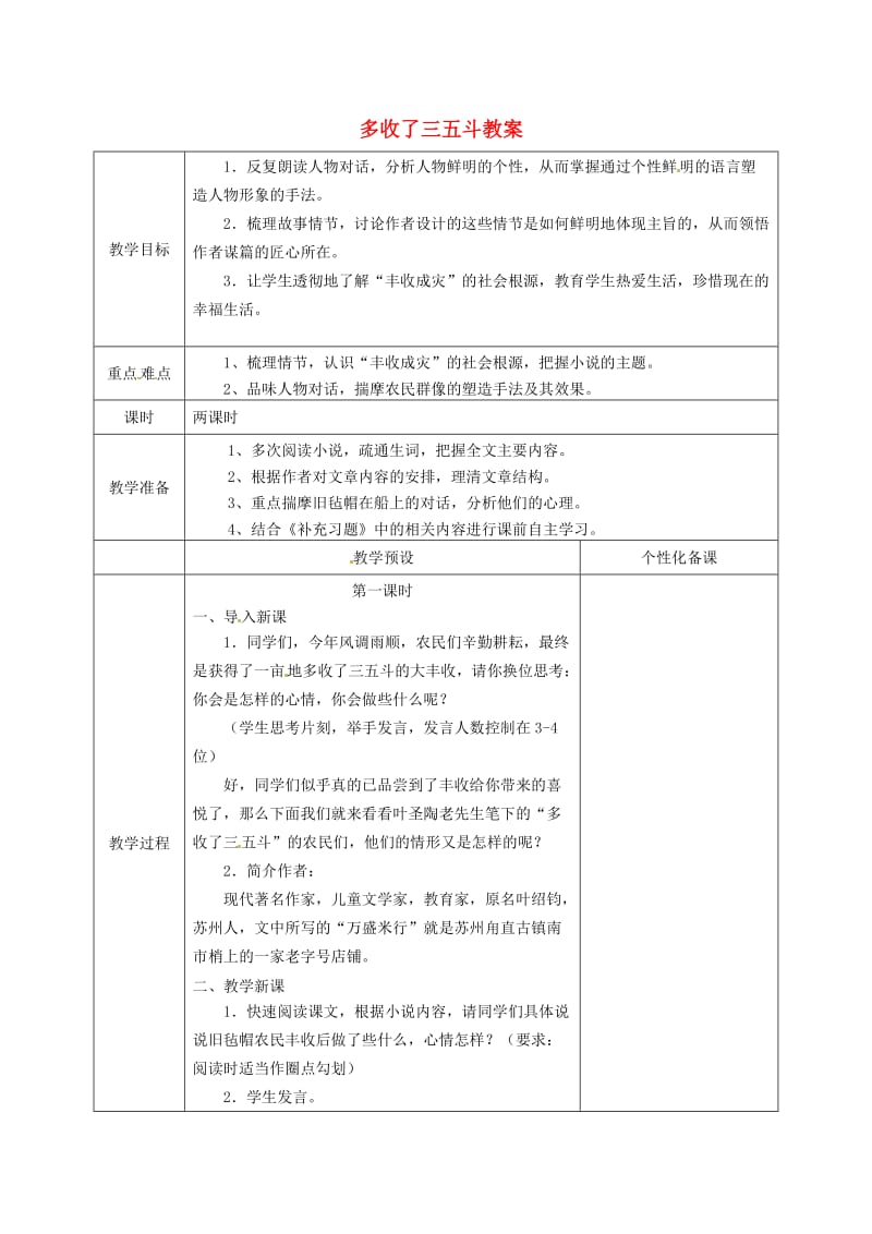 江苏省金坛市茅麓中学九年级语文上册 多收了三五斗教案 苏教版.doc_第1页