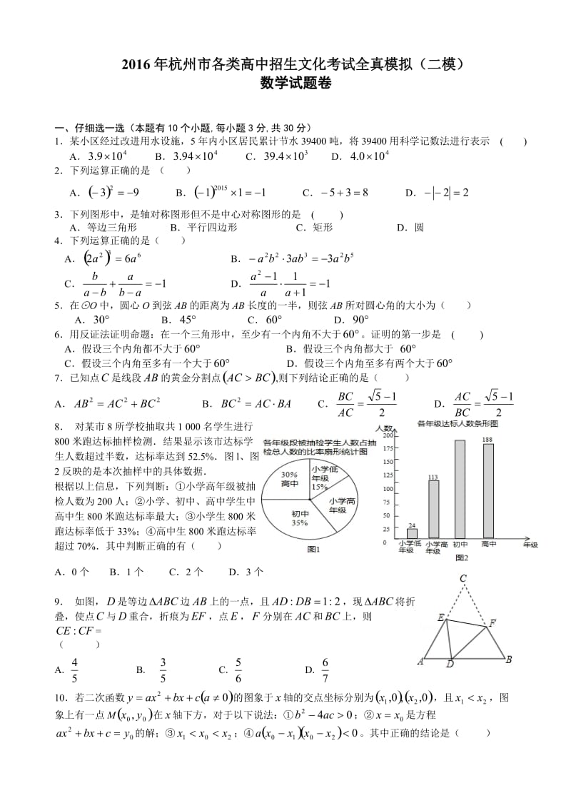 杭州市各类高中招生考试全真模拟(二模)数学试题含答案.doc_第1页