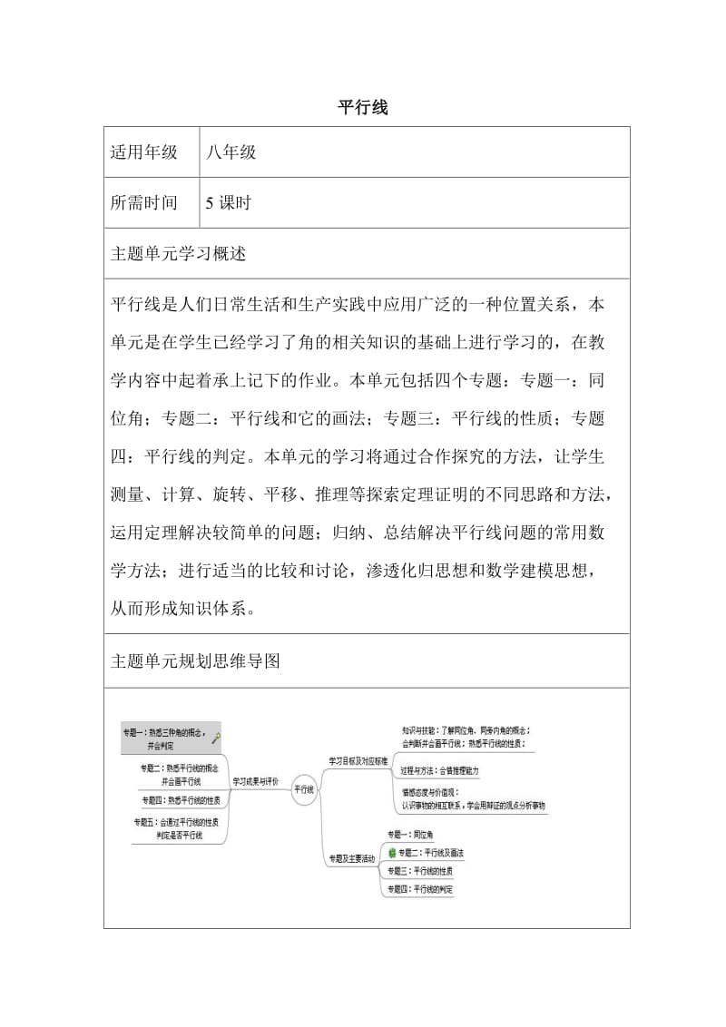 初中数学《平行线》单元教学设计以及思维导图.doc_第1页