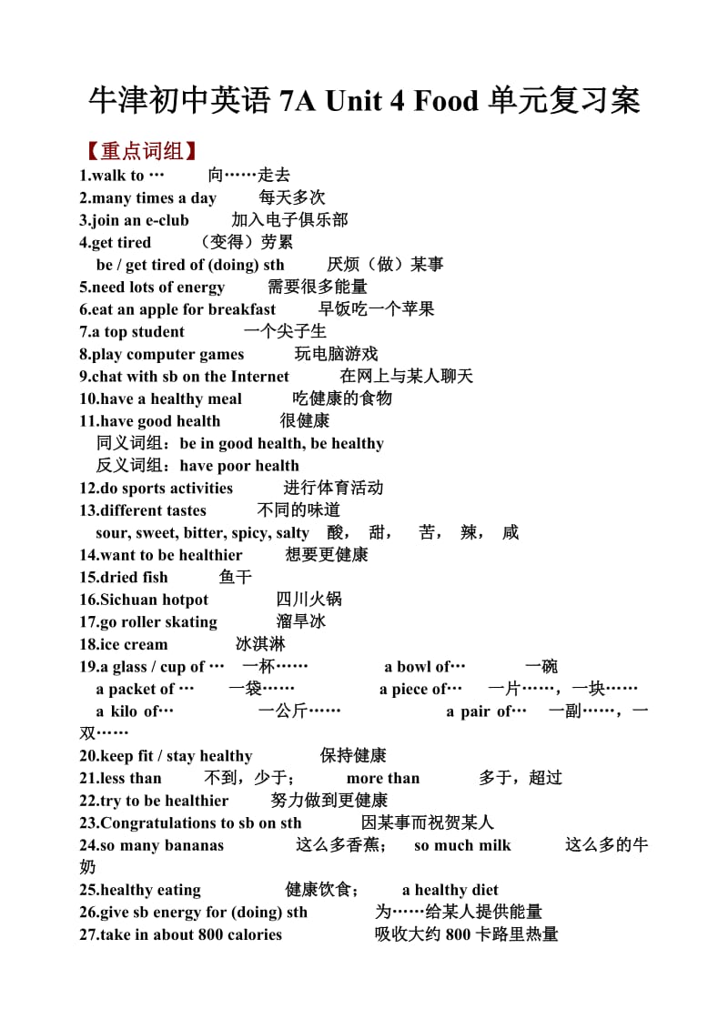 牛津初中英语7AUnit4Food单元复习案.doc_第1页