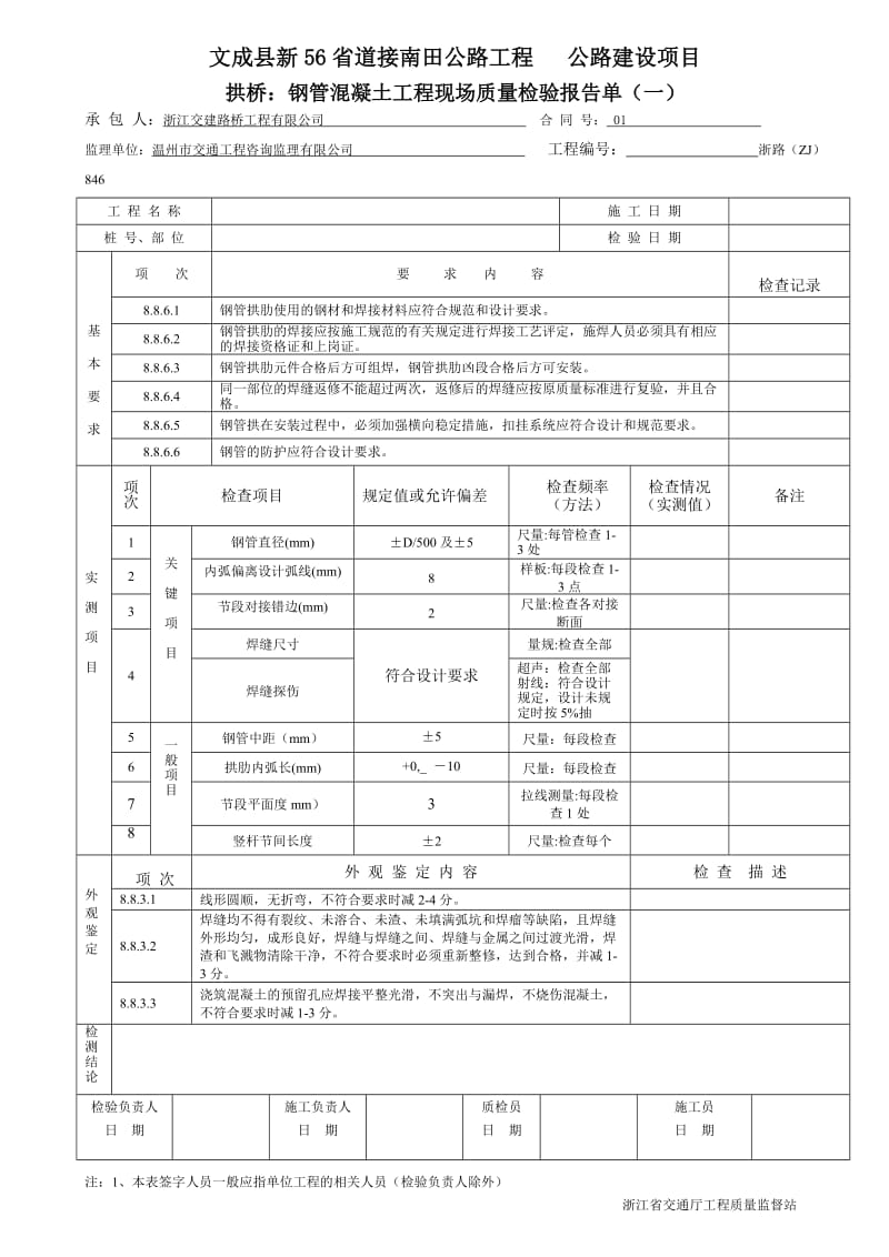 桥梁工程钢管混凝土工程现场质量检验报告单.doc_第1页