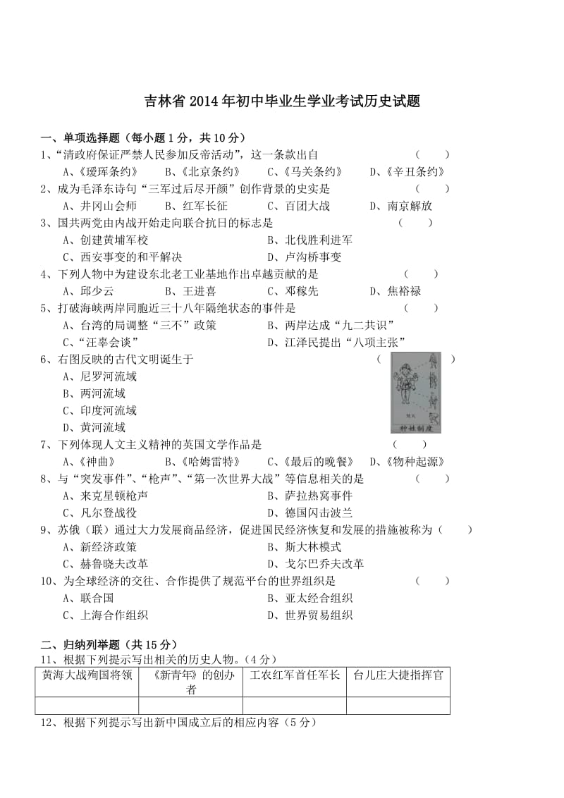 吉林历史-2014初中毕业学业考试试卷(word版含答案.doc_第1页