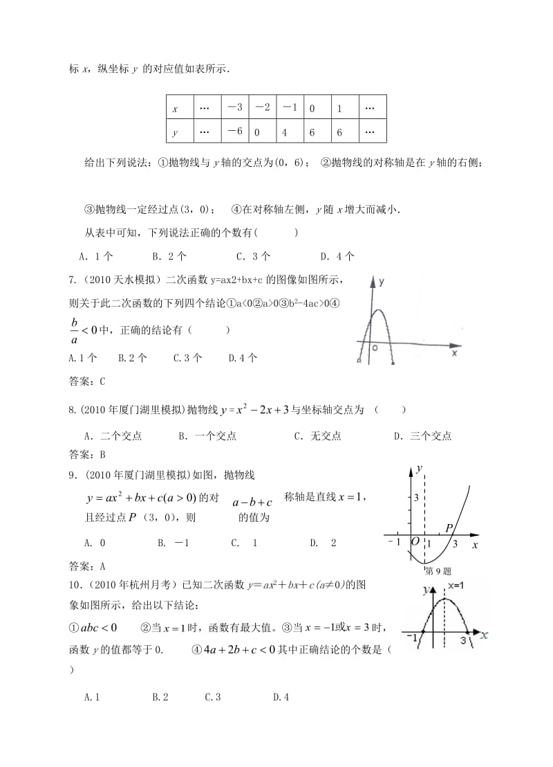 2010年中考数学模拟试题分类汇编-二次函数.doc_第2页