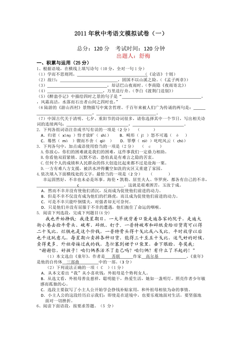 宜宾县语文中考模拟试题(一).doc_第1页
