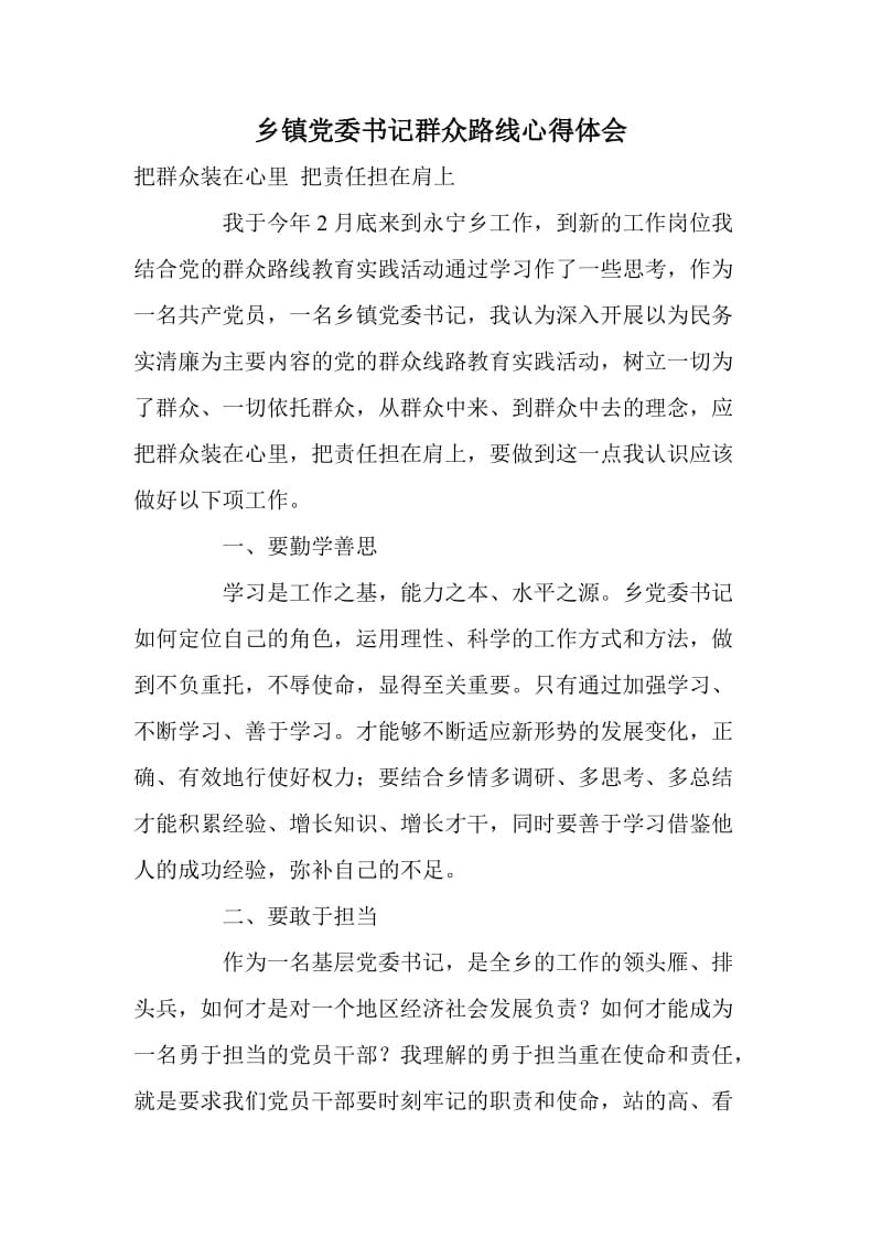 乡镇党委书记群众路线心得体会.doc_第1页