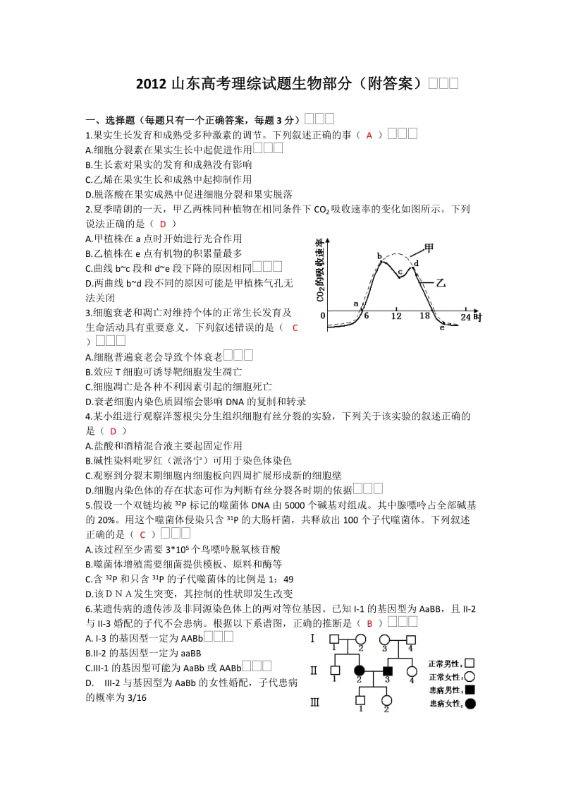 2012山东生物高考试题及答案.doc_第1页