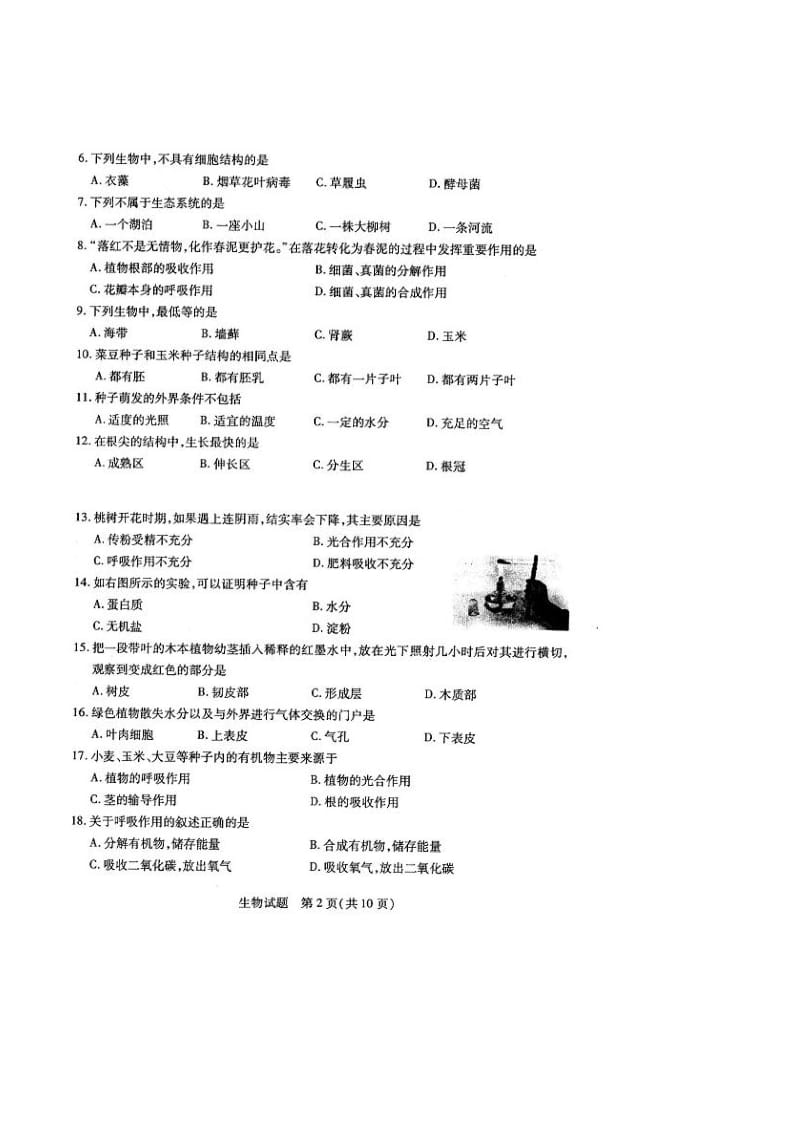 山东省泰安市中考生物试卷及答案.doc_第2页