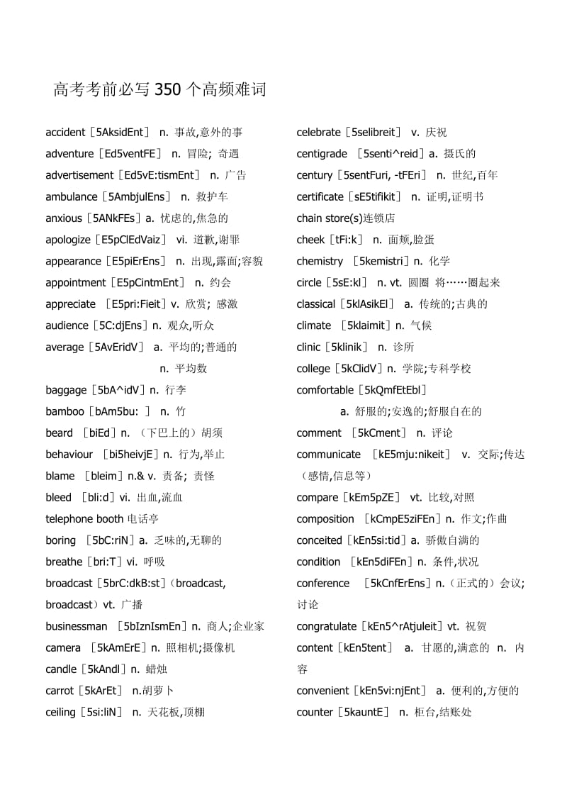 高考考前必写350个高频难词.doc_第1页