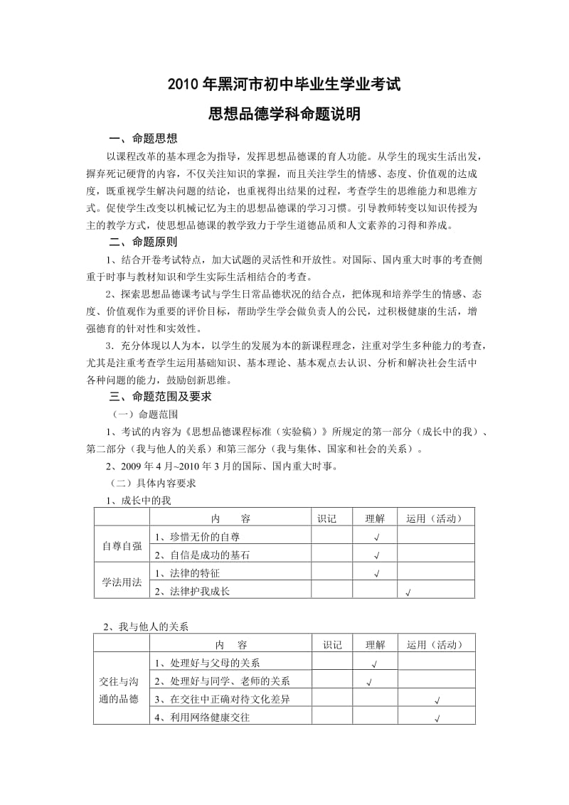 2010年黑河市初中毕业生思想品德课学业科考试.doc_第1页