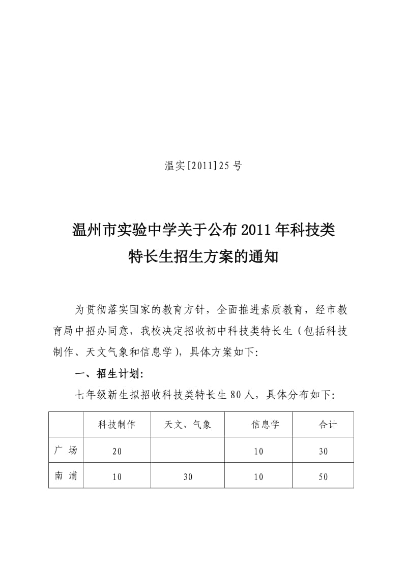 温州市实验中学2011年科技类特长生招生方案.doc_第1页