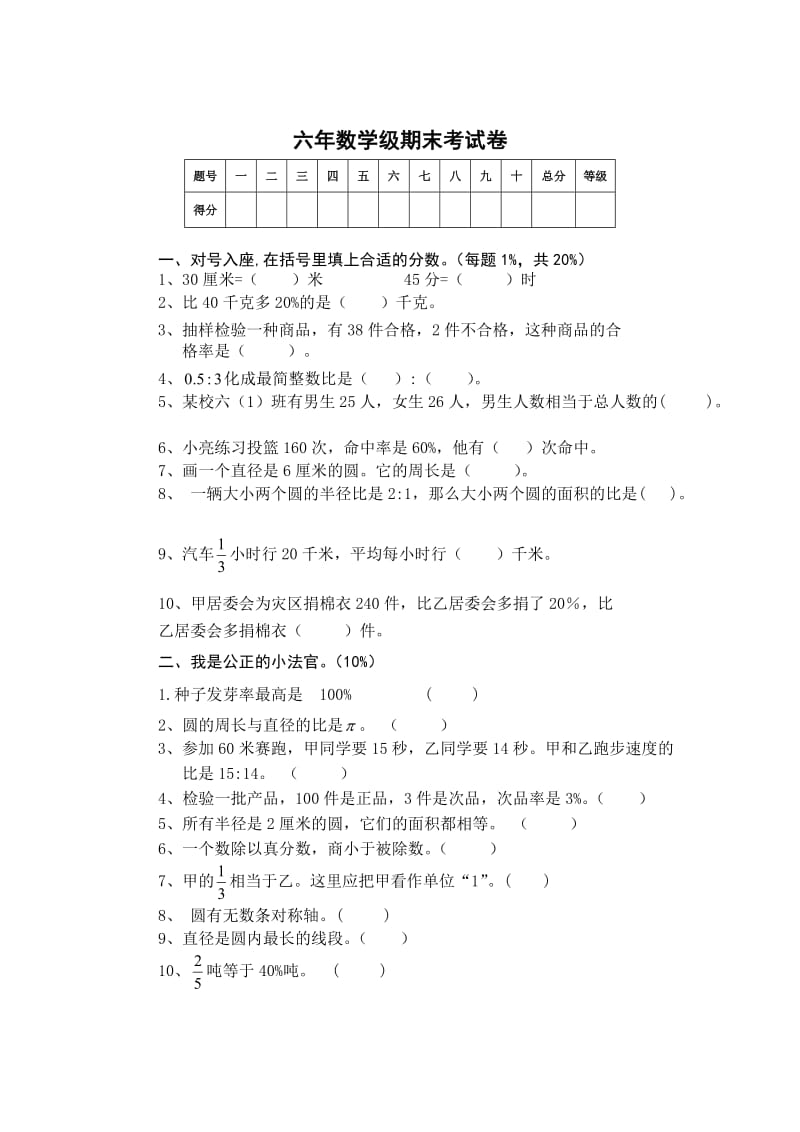 小学数学六年级上册期末考试卷及答案.doc_第1页