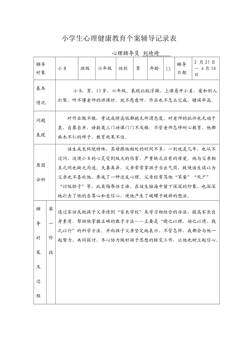 小学生心理健康教育个案辅导记录表.doc_第1页