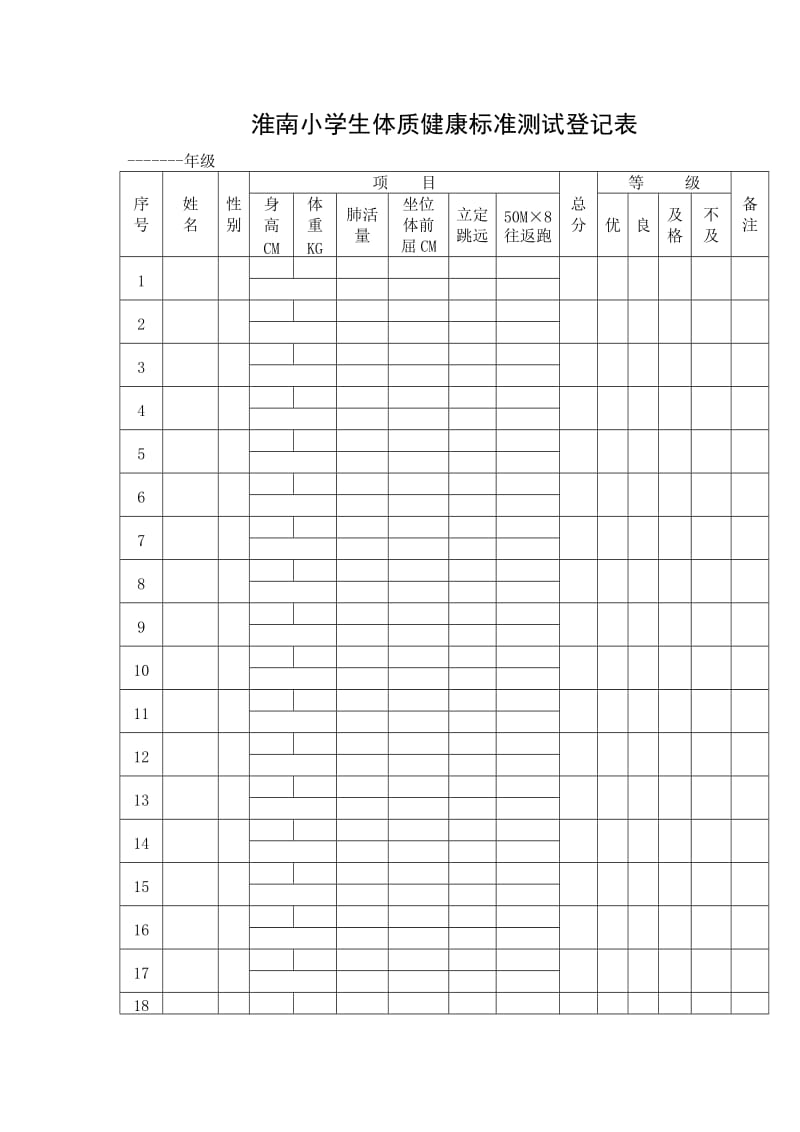 淮南小学生体质健康标准测试登记表.doc_第1页