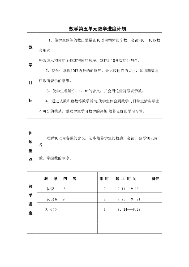 苏教版一年级数学上册第五单元教学进度计划及教案.doc_第1页