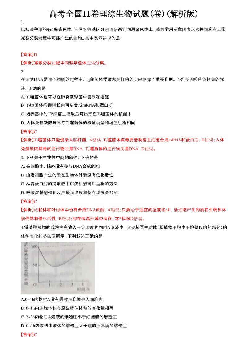 高考全国II卷理综生物试题(卷)(解析版).doc_第1页