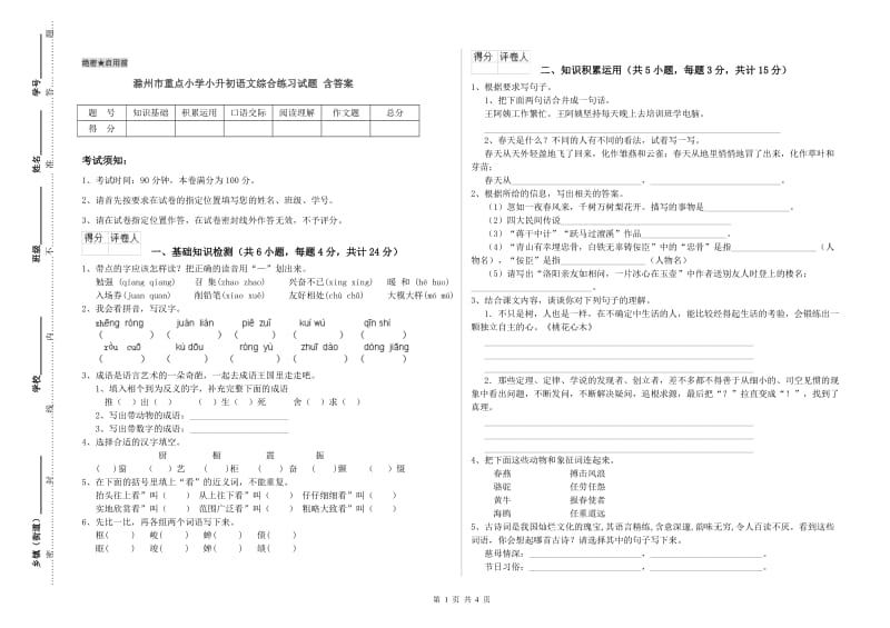 滁州市重点小学小升初语文综合练习试题 含答案.doc_第1页