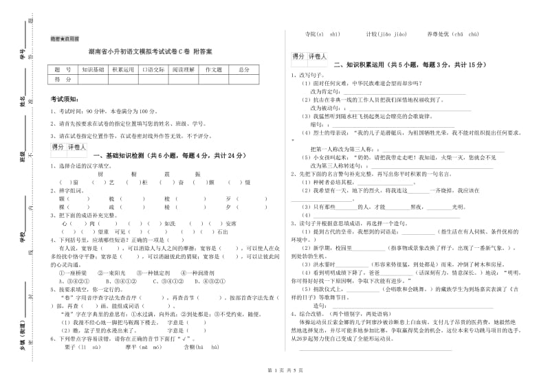 湖南省小升初语文模拟考试试卷C卷 附答案.doc_第1页