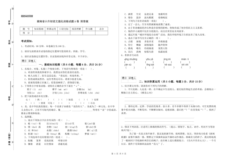 湖南省小升初语文强化训练试题A卷 附答案.doc_第1页