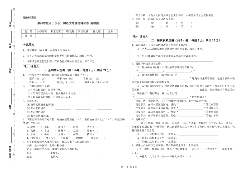 漯河市重点小学小升初语文考前检测试卷 附答案.doc_第1页