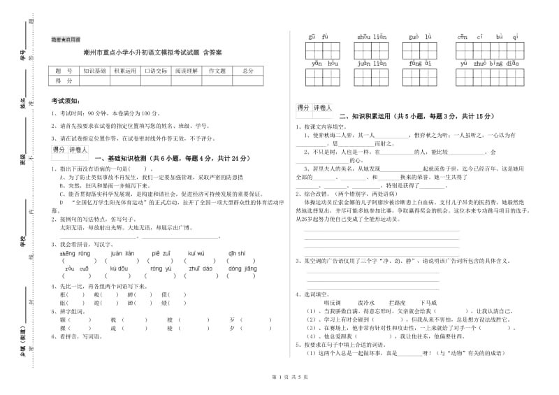 潮州市重点小学小升初语文模拟考试试题 含答案.doc_第1页