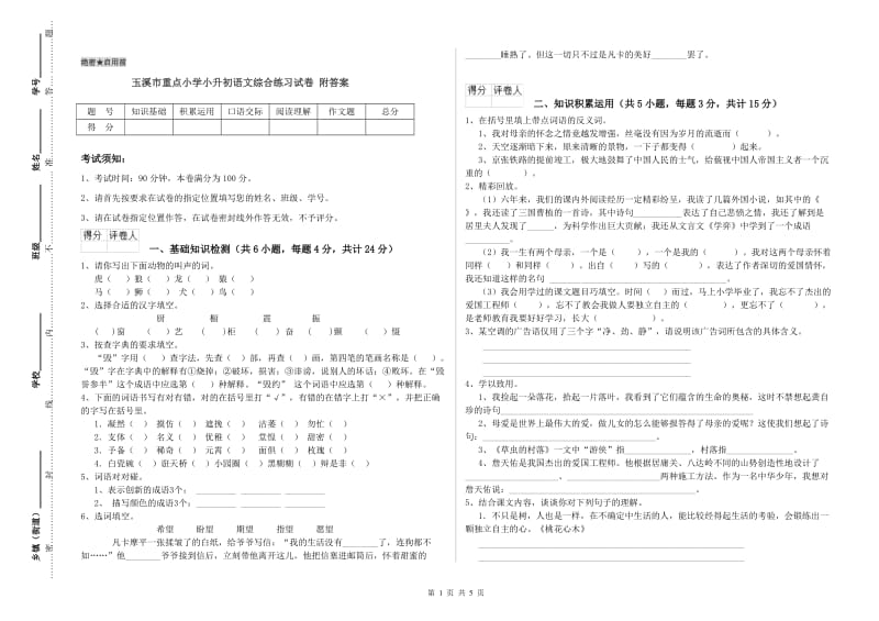 玉溪市重点小学小升初语文综合练习试卷 附答案.doc_第1页