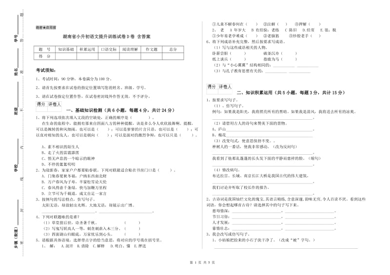 湖南省小升初语文提升训练试卷D卷 含答案.doc_第1页