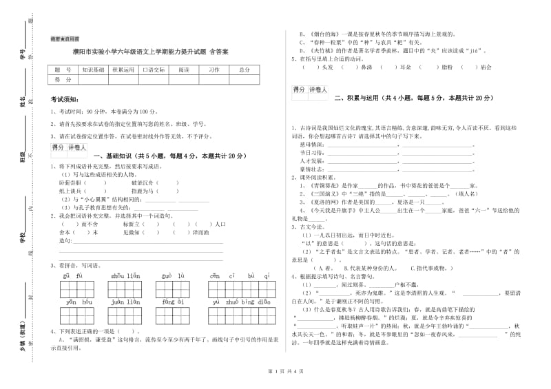 濮阳市实验小学六年级语文上学期能力提升试题 含答案.doc_第1页