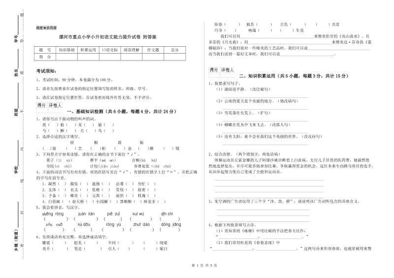 漯河市重点小学小升初语文能力提升试卷 附答案.doc_第1页