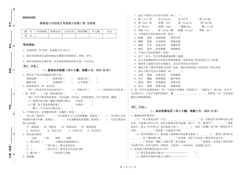 湖南省小升初语文考前练习试卷C卷 含答案.doc_第1页