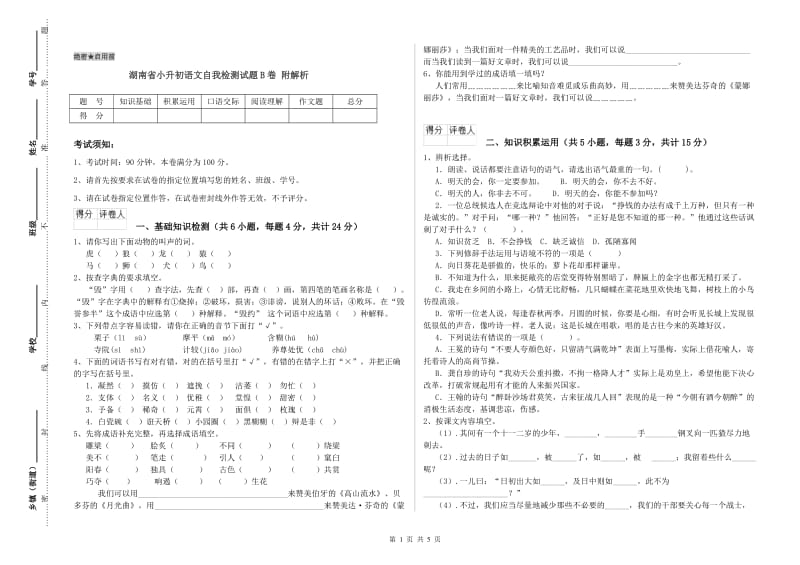 湖南省小升初语文自我检测试题B卷 附解析.doc_第1页