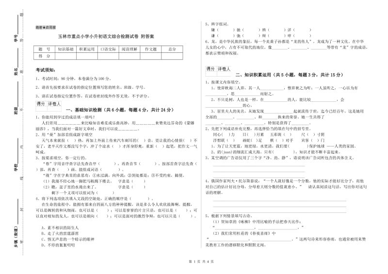 玉林市重点小学小升初语文综合检测试卷 附答案.doc_第1页