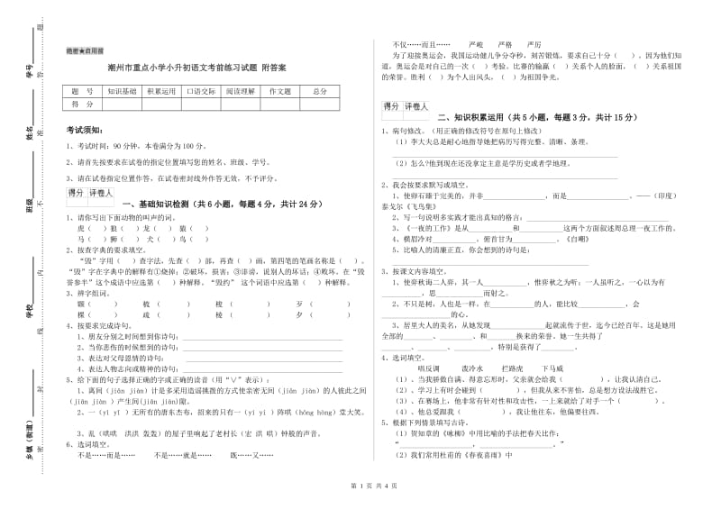 潮州市重点小学小升初语文考前练习试题 附答案.doc_第1页