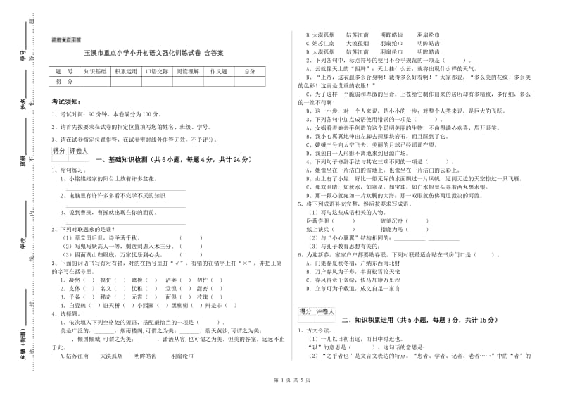 玉溪市重点小学小升初语文强化训练试卷 含答案.doc_第1页