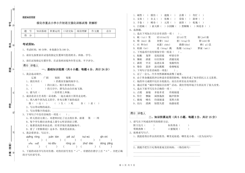 绥化市重点小学小升初语文强化训练试卷 附解析.doc_第1页