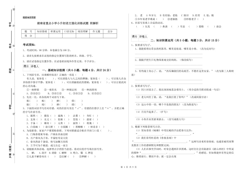 湖南省重点小学小升初语文强化训练试题 附解析.doc_第1页