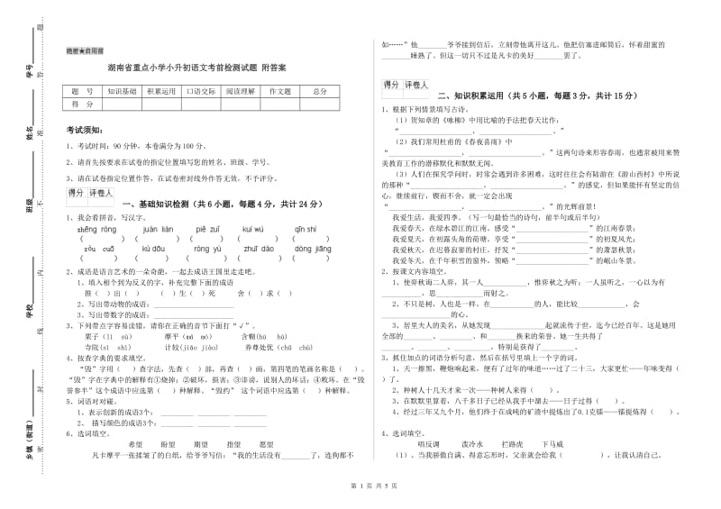 湖南省重点小学小升初语文考前检测试题 附答案.doc_第1页