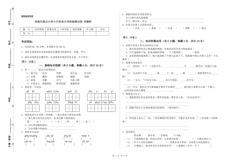 芜湖市重点小学小升初语文考前检测试卷 附解析.doc_第1页