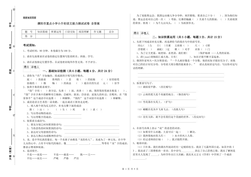 濮阳市重点小学小升初语文能力测试试卷 含答案.doc_第1页