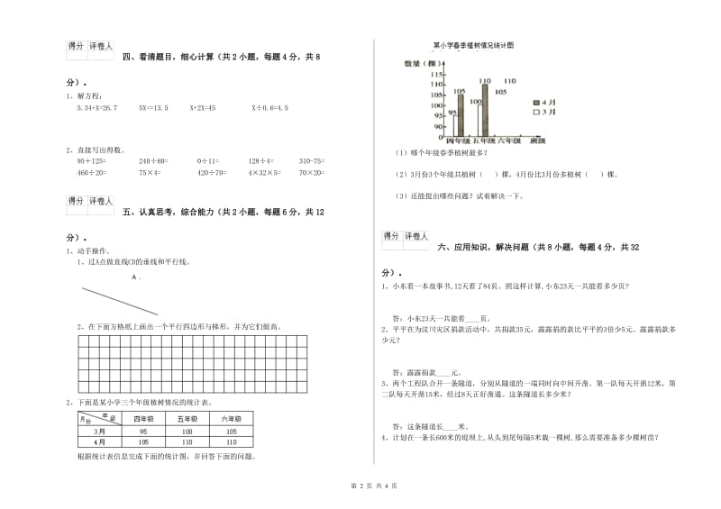 甘肃省重点小学四年级数学下学期月考试卷 含答案.doc_第2页