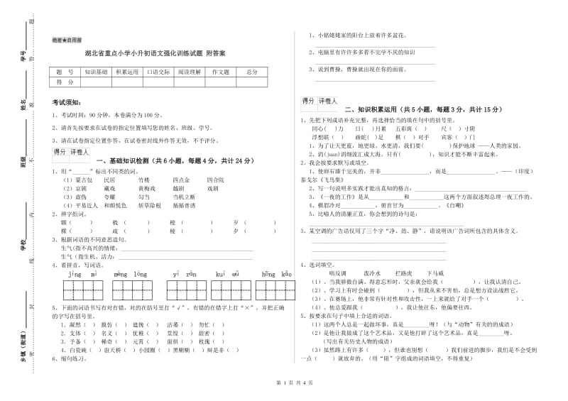 湖北省重点小学小升初语文强化训练试题 附答案.doc_第1页