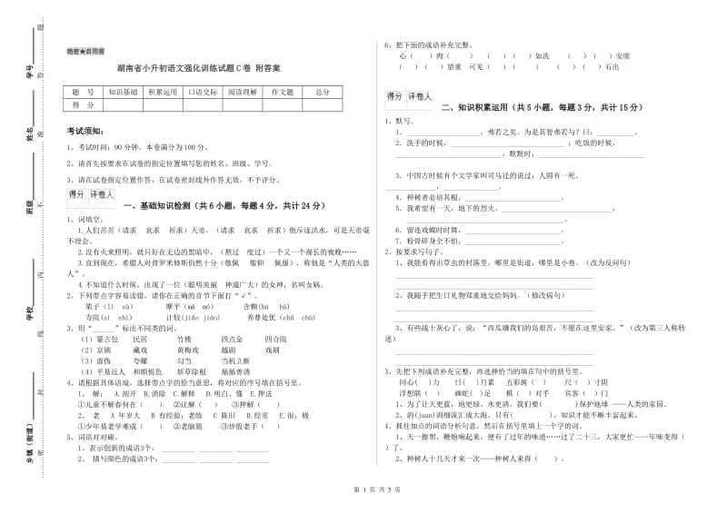 湖南省小升初语文强化训练试题C卷 附答案.doc_第1页