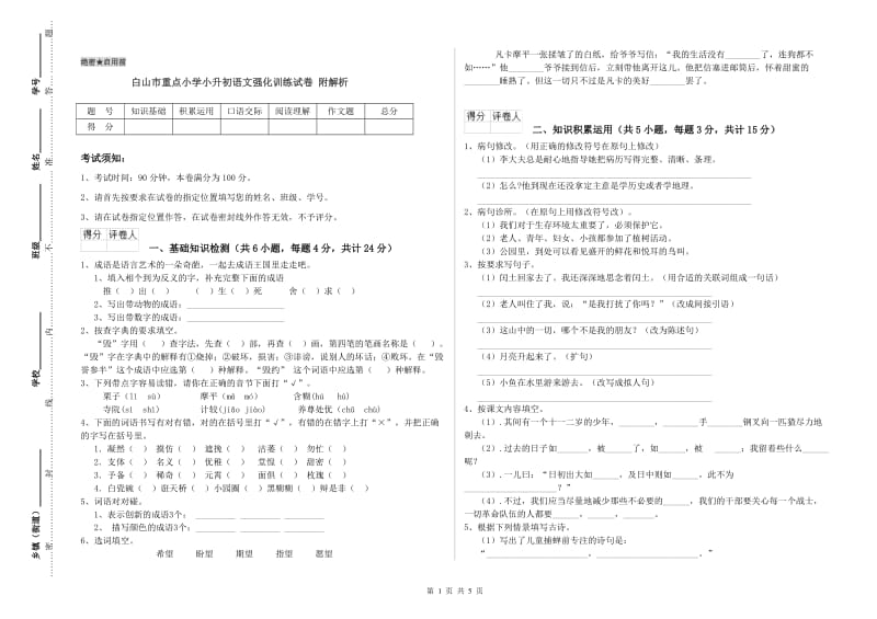 白山市重点小学小升初语文强化训练试卷 附解析.doc_第1页