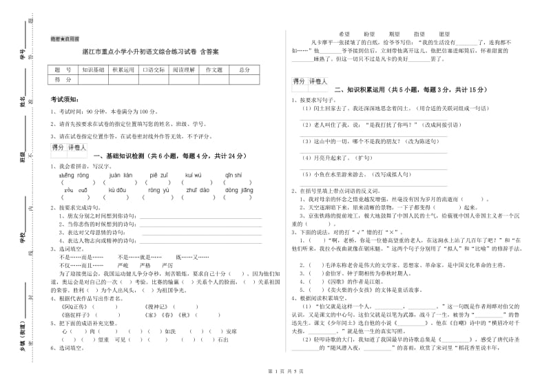 湛江市重点小学小升初语文综合练习试卷 含答案.doc_第1页