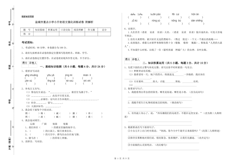 盐城市重点小学小升初语文强化训练试卷 附解析.doc_第1页