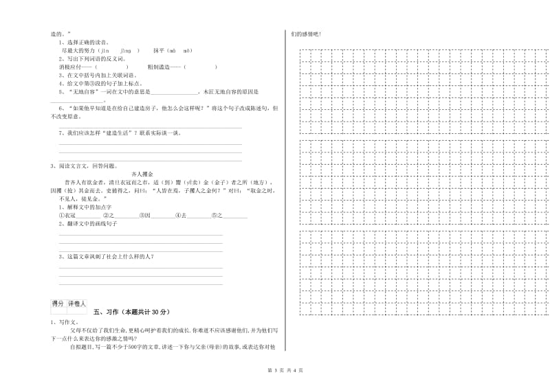 益阳市实验小学六年级语文【下册】能力检测试题 含答案.doc_第3页